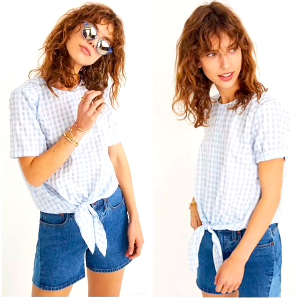 Madewell Button Back Tie Tee in Gingham Check Small Short Sleeve